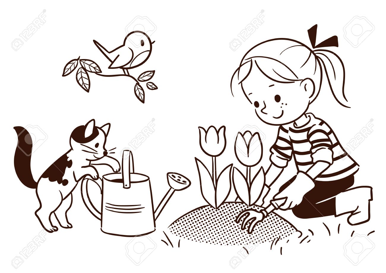 1300x920 Vector Black And White Cartoon Line Drawing Of A Cute Little