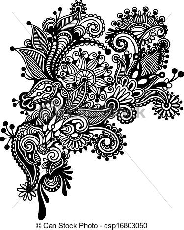 375x470 Clipart Vector Of Hand Draw Black And White Line Art Ornate Flower