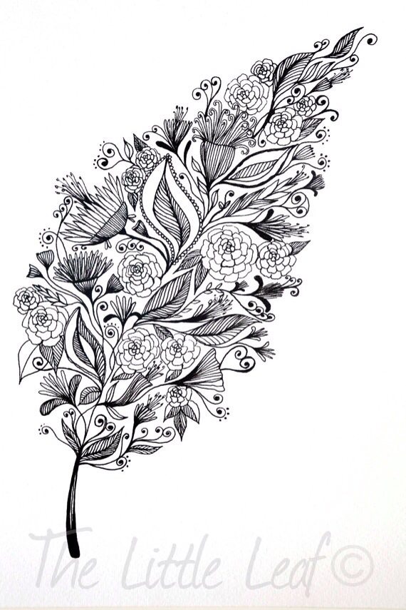 570x855 Leaf Drawing Filled With Flowers Black And White Illustrations
