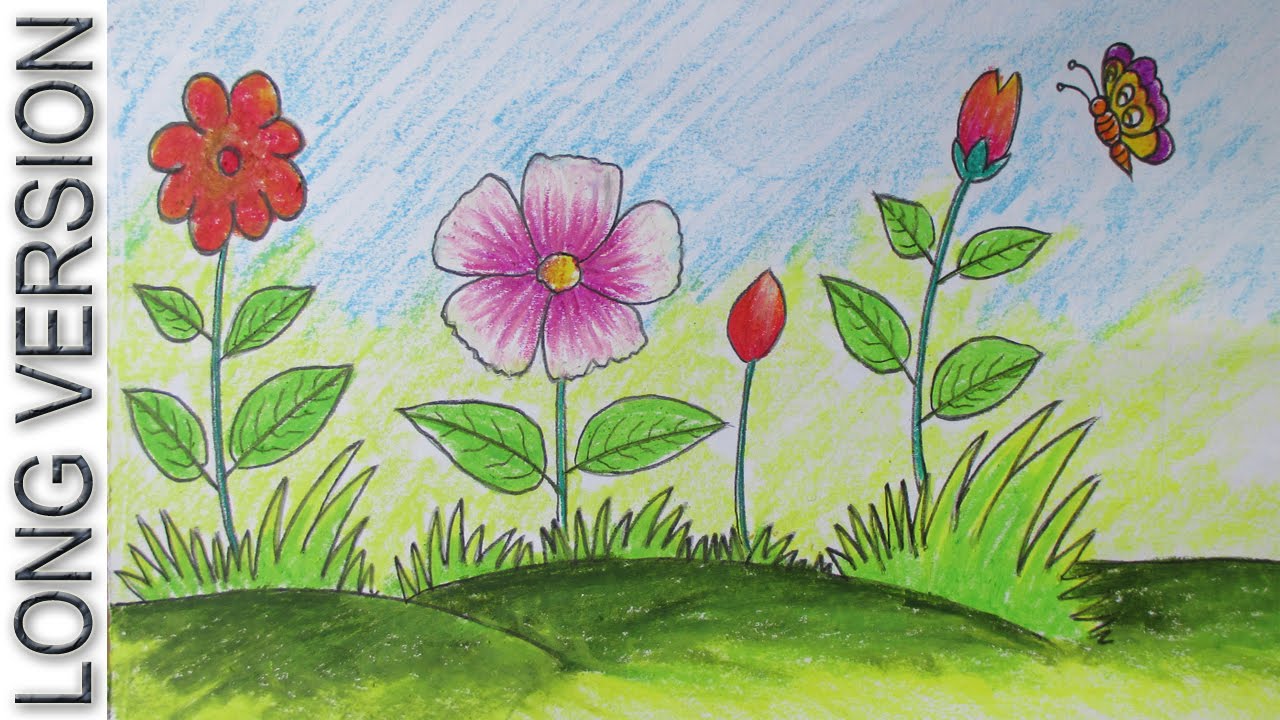 1280x720 How To Draw A Scenery With Flowers For Kids [Long Version]