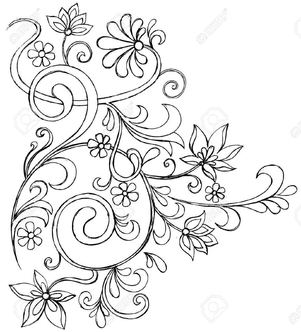 1181x1300 Sketchy Doodle Vines And Flowers Scroll Vector Drawing Royalty