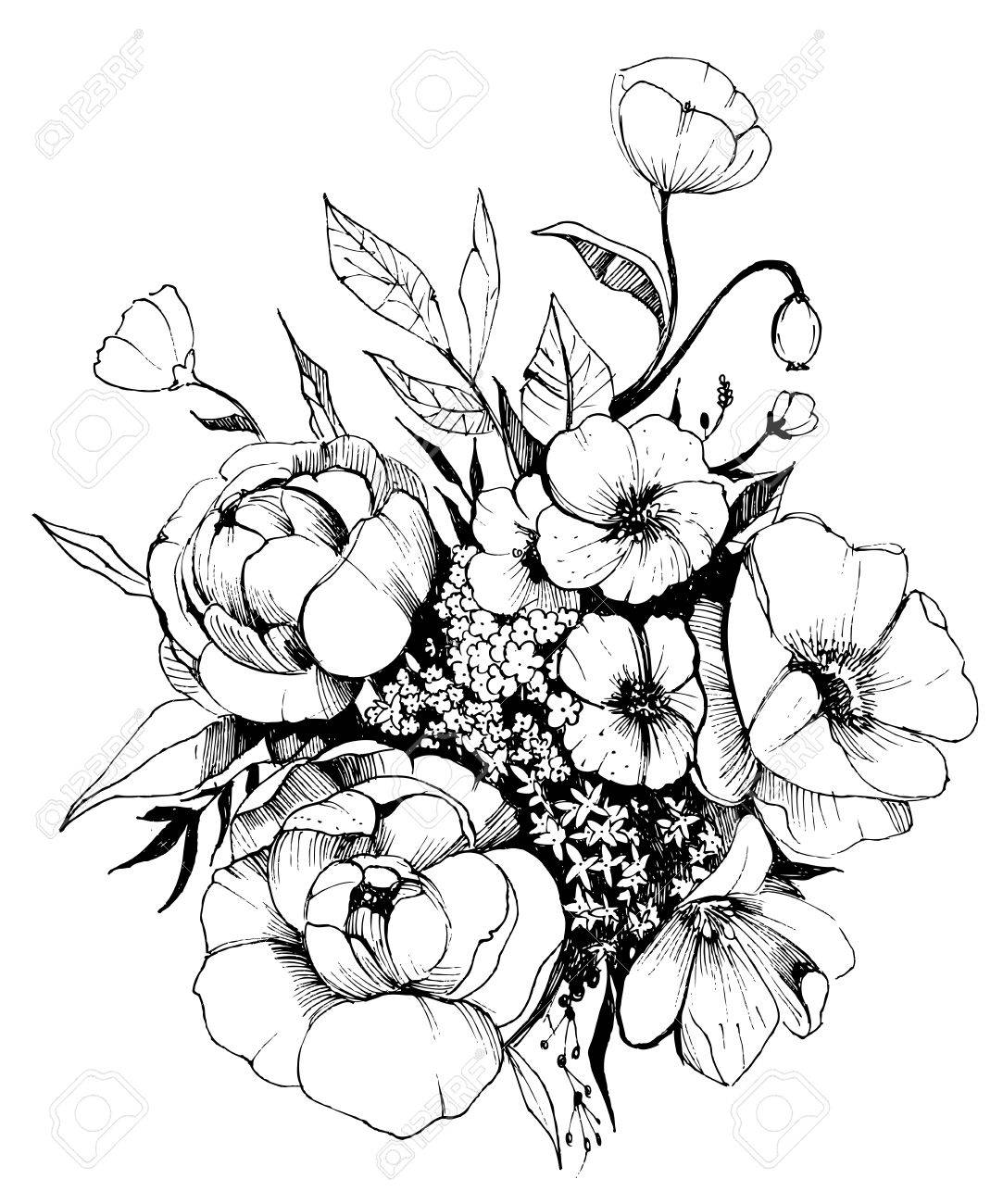 1083x1300 Flowers Bouquet. Vector Sketch. Royalty Free Cliparts, Vectors