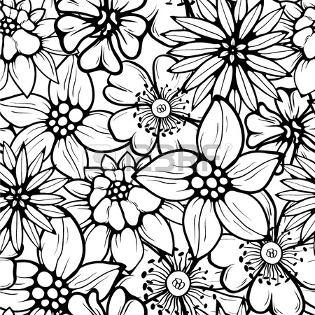 450x450 Black And White Floral Seamless Pattern With Hand Drawn Flowers