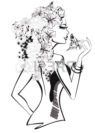 321x450 Abstract Beautiful Woman With Flowers And Butterflies In Lines