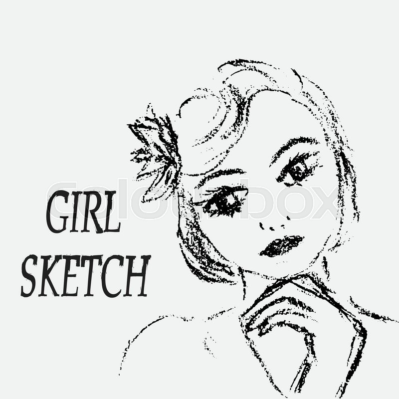 800x800 Sketch Girl With Short Hair. Line Graphic Portrait. Charcoal