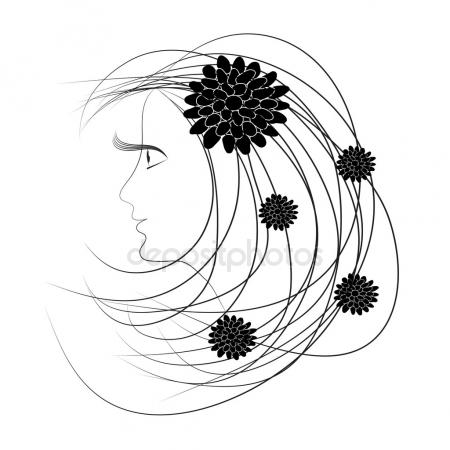 450x450 Woman Face With Beautiful Flower In Hair, Vector Sketch, Isolat