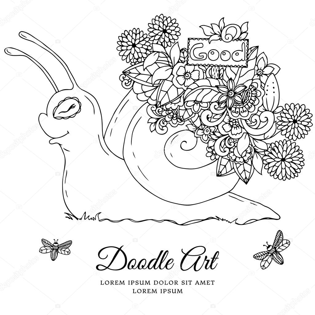1024x1024 Vector Illustration , Snail With A Pointer In Flower Frame. Doodle