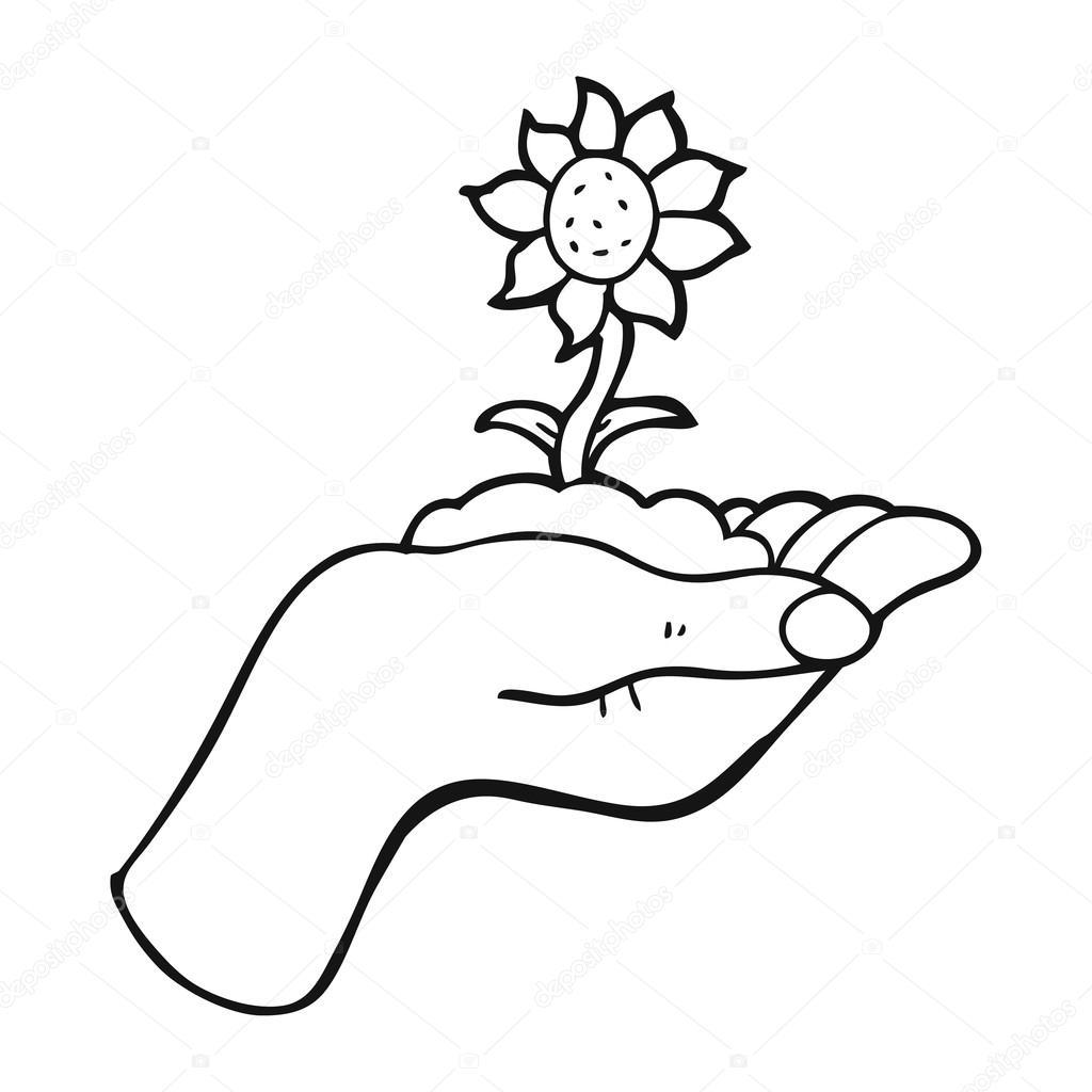 1024x1024 Black And White Cartoon Flower Growing In Palm Of Hand Stock