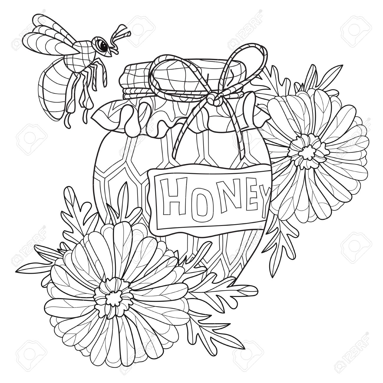 1300x1300 Honey Pot Doodle And Bee With Flowers.hand Drawn Vector