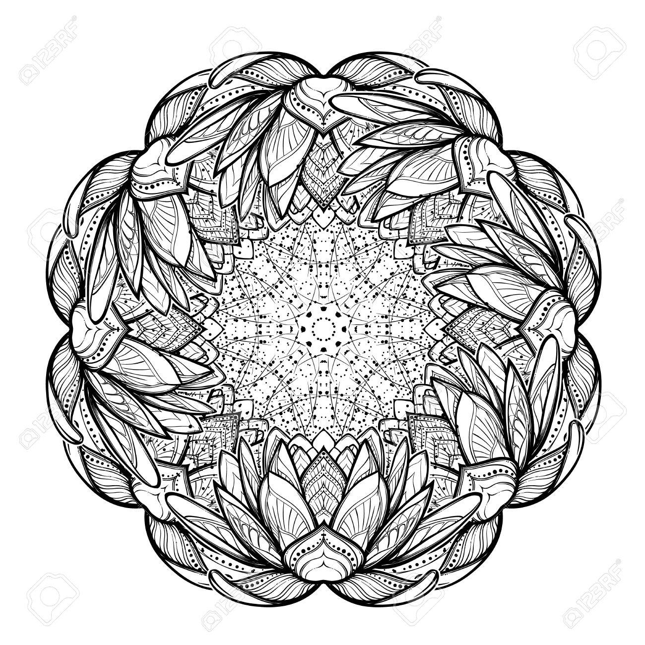 1300x1300 Lotus Flower Mandala. Intricate Stylized Linear Drawing Isolated