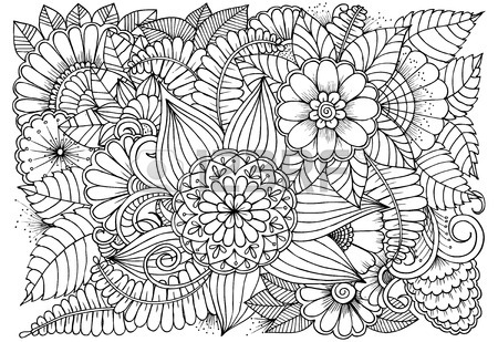 450x309 Black And White Flower Pattern For Coloring. Doodle Floral Drawing