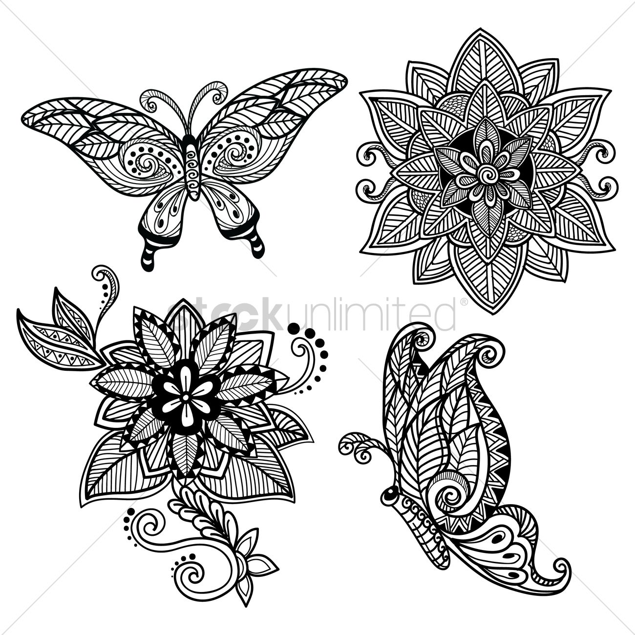 1300x1300 Decorative Butterfly And Flower Set Vector Image