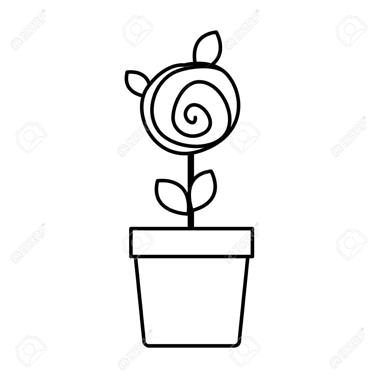 1300x1300 Silhouette Drawing Small Rose With Leaves And Stem In Flowerpot