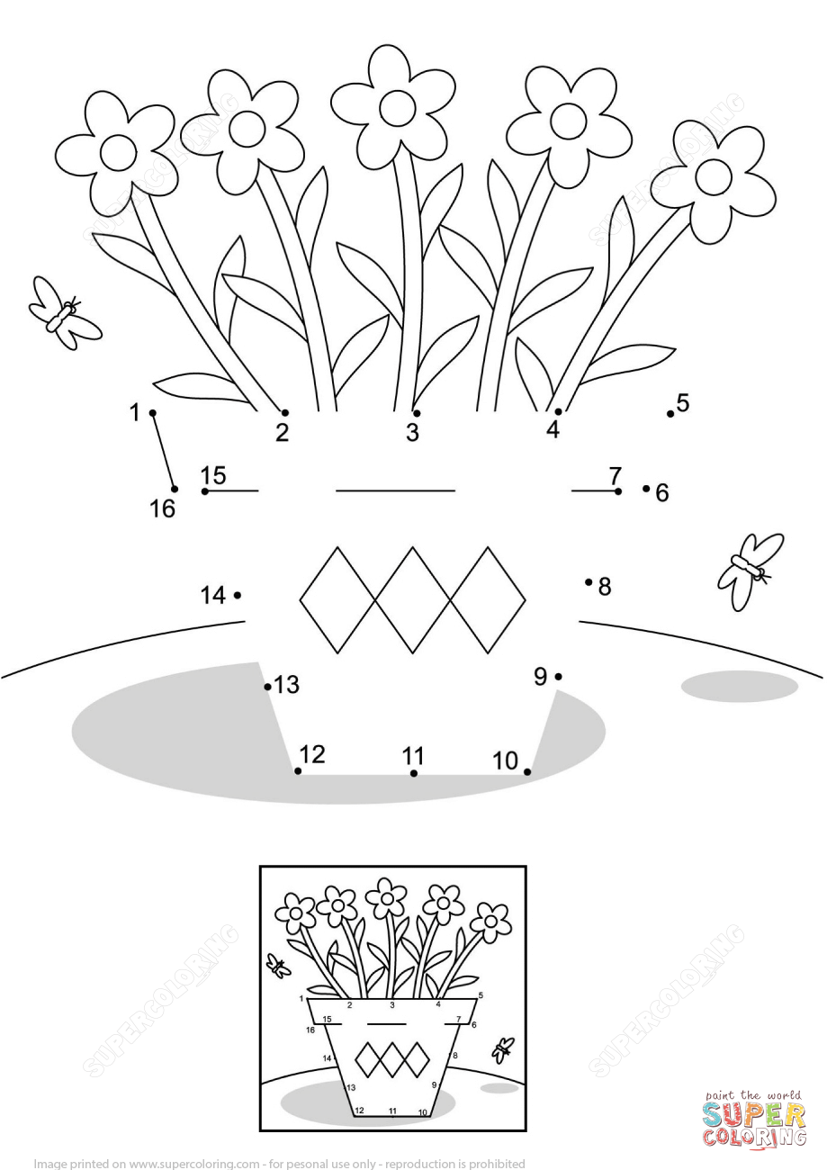 919x1300 Flower Pot And Butterflies Dot To Dot Free Printable Coloring Pages