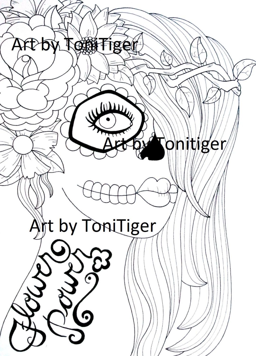 1079x1500 Instant Digital Download Coloring Page Flower Power Sugar Skull