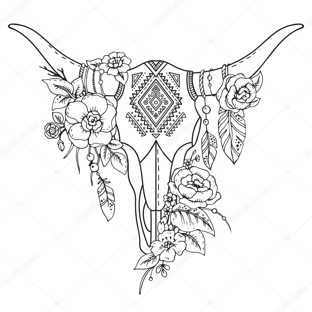 1024x1024 Decorative Indian Bull Skull With Ethnic Ornament,flowers Stock