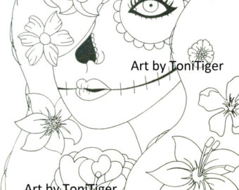 340x270 Sugar Skull Cat Drawing Instant Digital Download Coloring