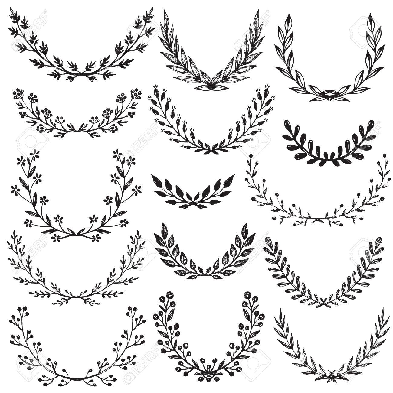 1299x1300 Set Of Hand Drawn Floral Wreaths With Branches, Leaves, Flowers