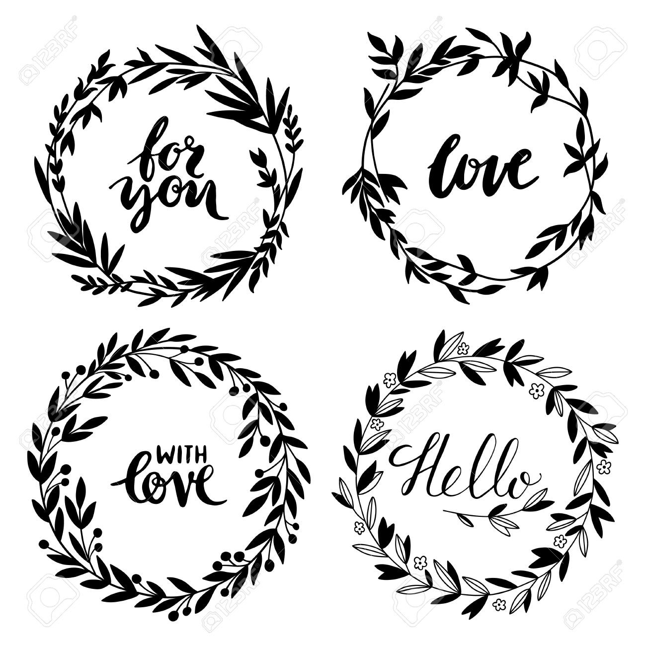 1300x1300 Vector Floral Set With Branch And Flower Wreaths. Hand Drawn