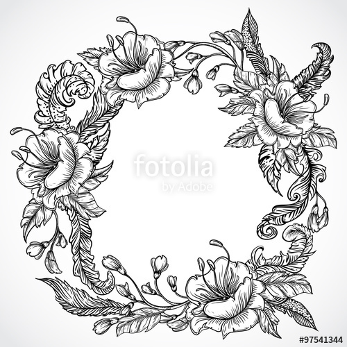 500x500 Vintage Floral Highly Detailed Hand Drawn Wreath Of Flowers