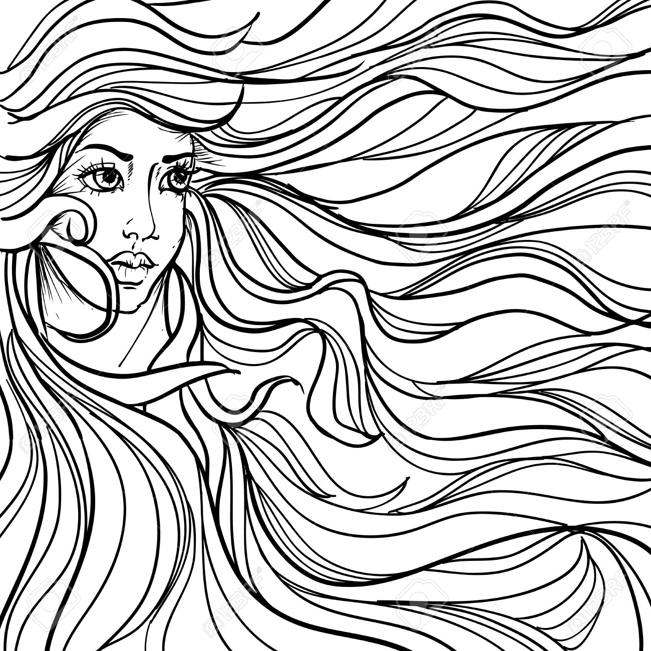 1300x1300 Ink Doodle Woman Face And Flowing Hair On White Background. Design