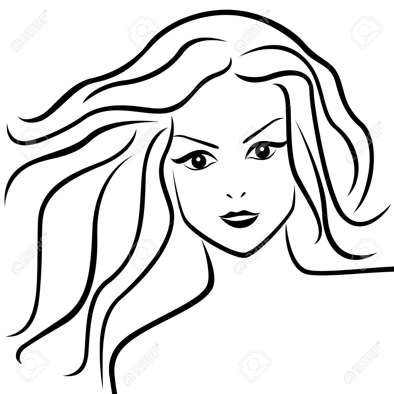 1300x1300 Abstract Portrait Of Young Woman With Flowing Hair, Hand Drawing