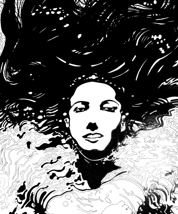 600x720 Tony Common Girl With Flowing Hair Ink Drawing