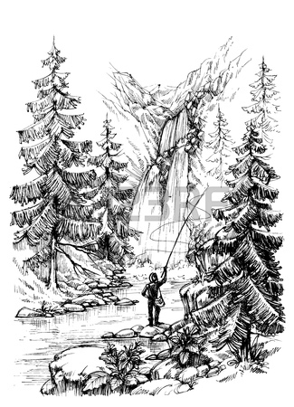 325x450 Waterfall Drawing, Flowing River Sketch Royalty Free Cliparts