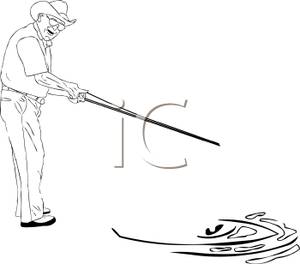 300x264 Black And White Cartoon Of A Grandpa Fly Fishing In A Pond