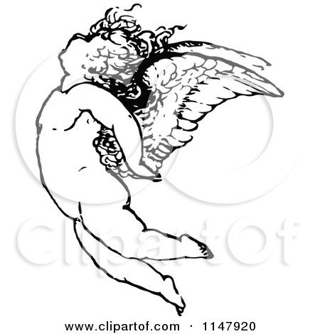 450x470 Clipart Of A Retro Vintage Black And White Cherub Angel And Wings