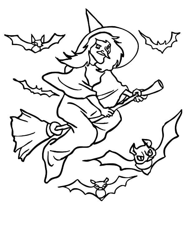 600x775 Witch, Bats Flying Witch Coloring Pages Holidays