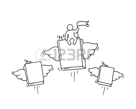450x360 Sketch Of Flying Books With Little Worker. Doodle Cute Miniature