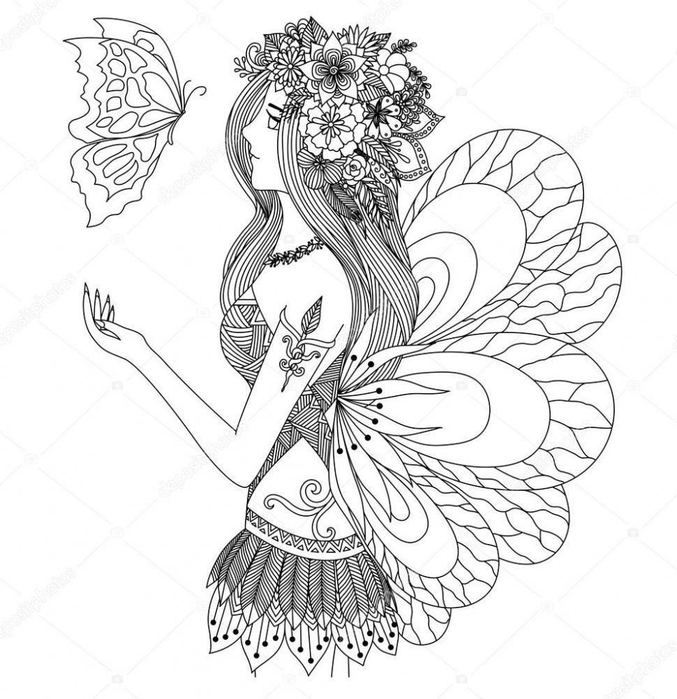 970x1001 Coloring Pretty Fairy Girl Looking At Flying Butterfly Design