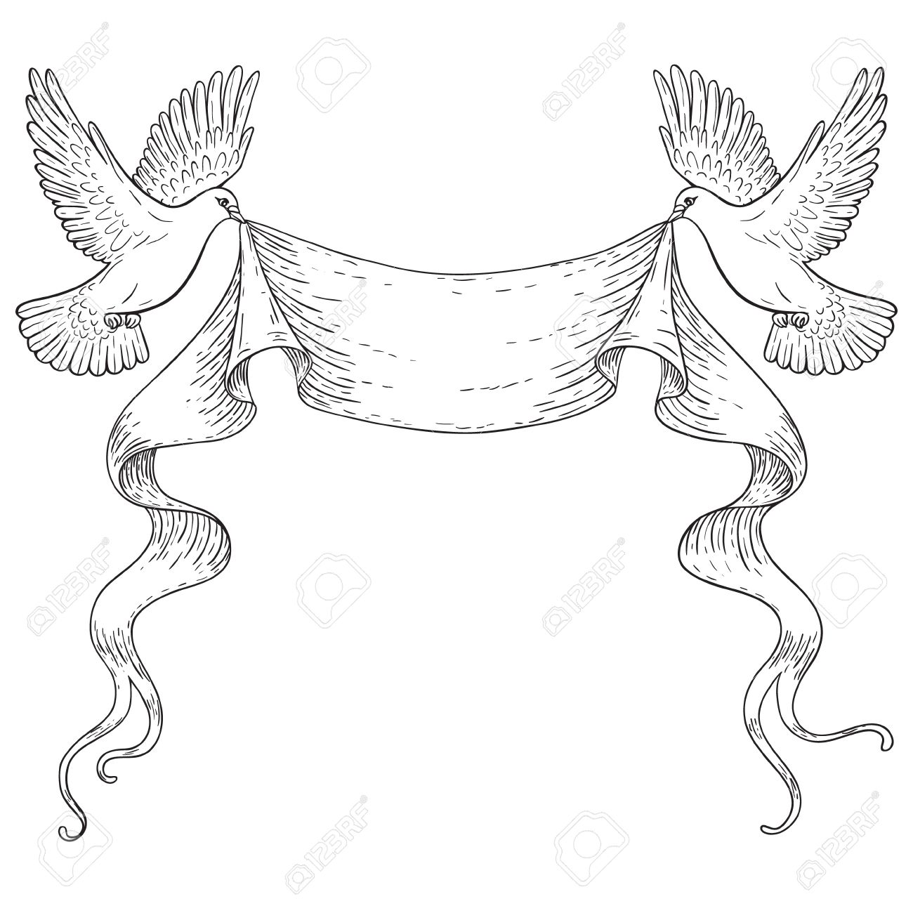 1300x1300 Hand Drawn Pair Of Flying Doves With Banner Ribbon. Black