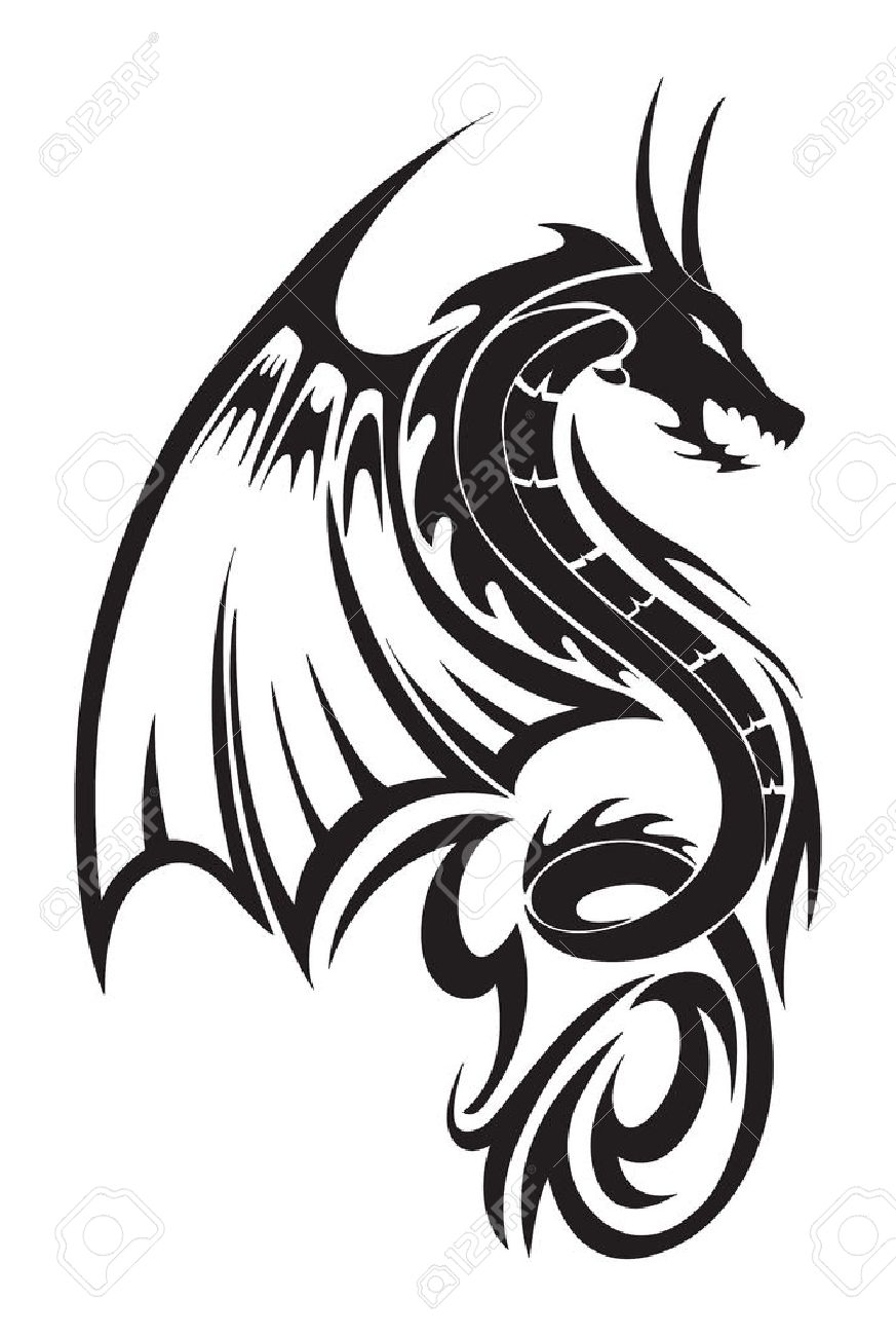 873x1300 Flying Dragon Tattoo Design, Vintage Engraved Illustration