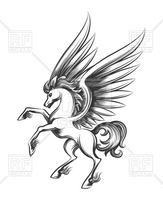320x400 Winged Horse Engraving. Hand Drawn Pegasus Or Flying Mustang