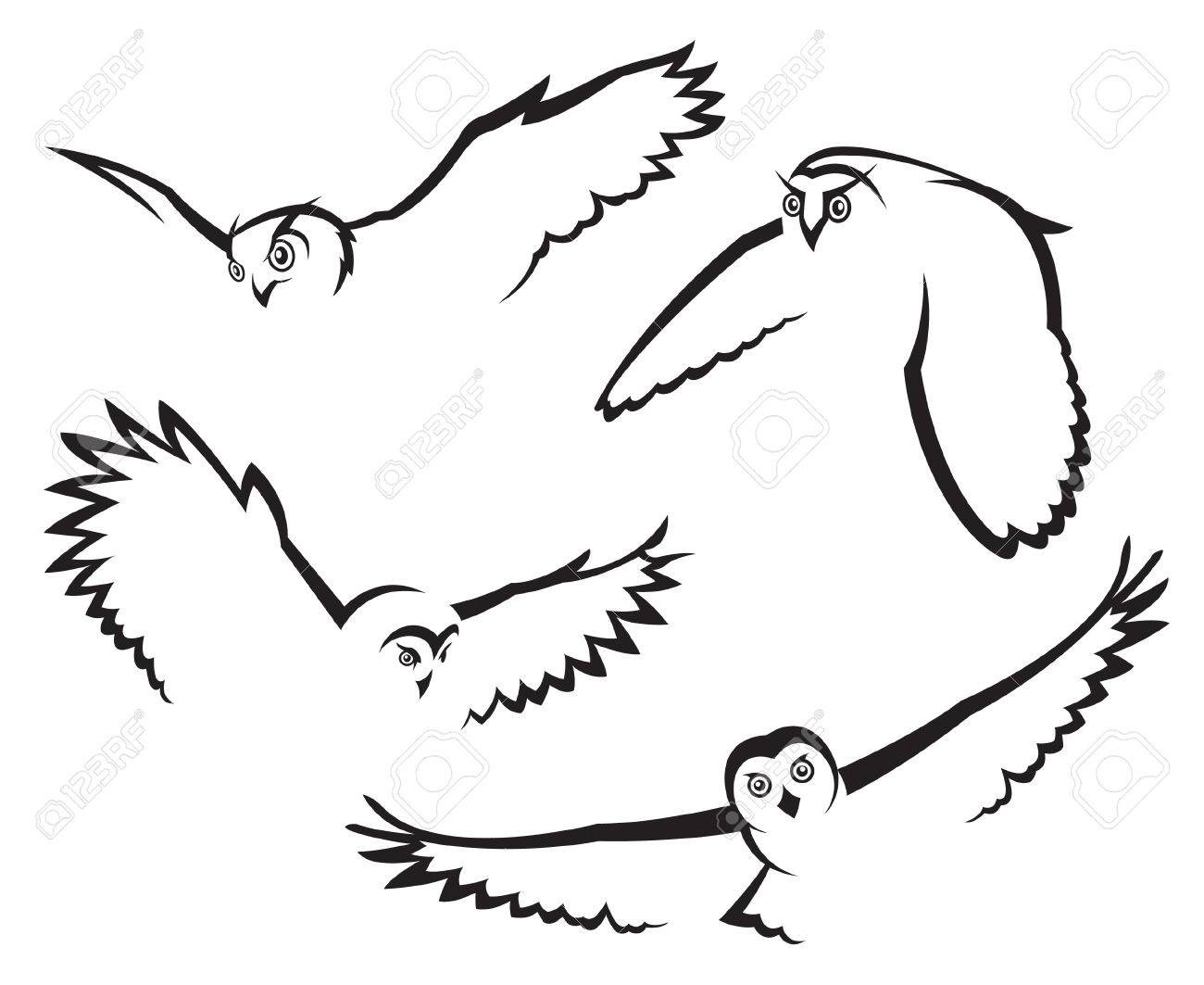 1300x1063 Monochrome Set Of Four Flying Owls Royalty Free Cliparts, Vectors