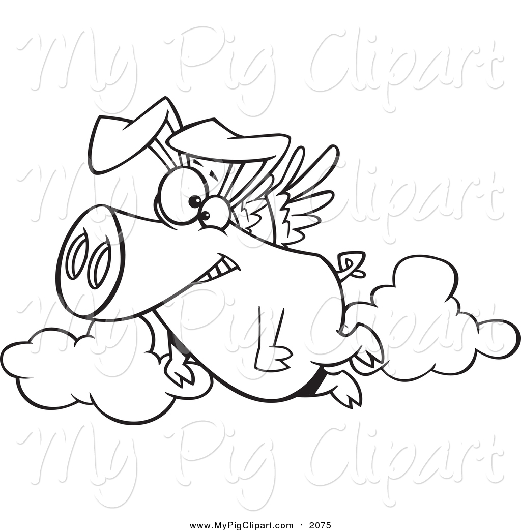 1024x1044 Swine Clipart Of A Outlined Black And White Happy Pig Flying By