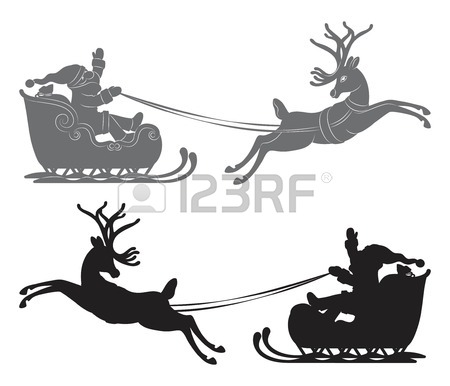 450x386 Black Vector Silhouette, Flying Santa Claus In A Reindeer Sleigh