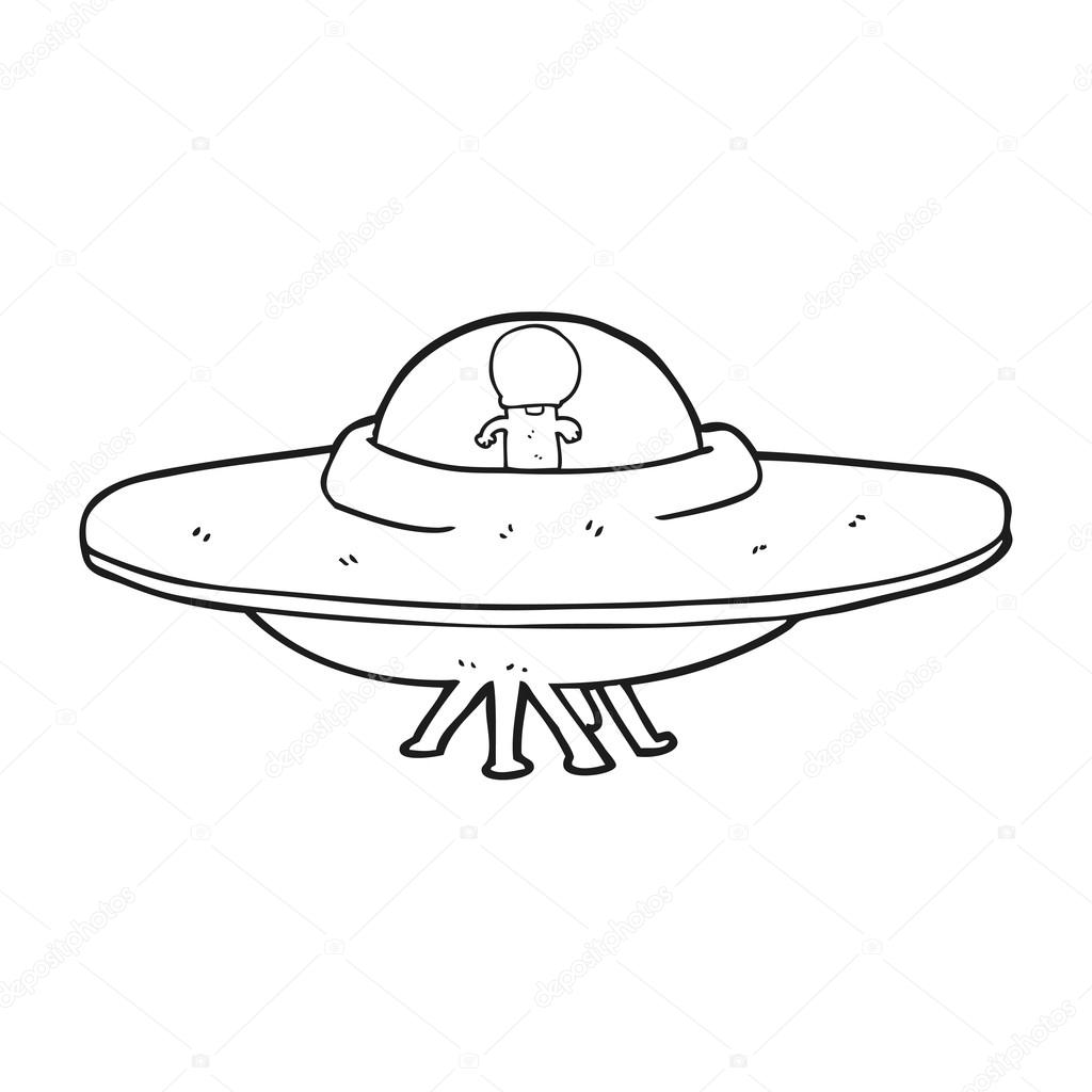 1024x1024 Black And White Cartoon Alien Flying Saucer Stock Vector