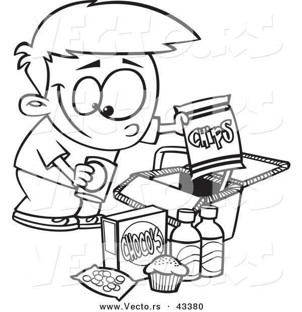 600x620 Vector Of A Happy Cartoon Boy Packing Junk Food Into A Picnic