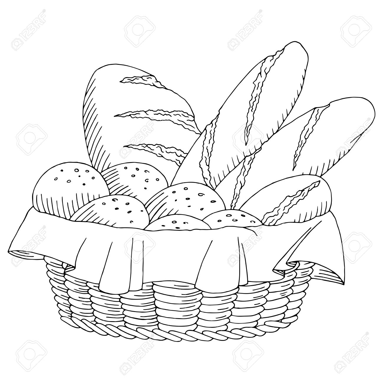 1300x1300 Bread Basket Food Graphic Art Black White Isolated Sketch