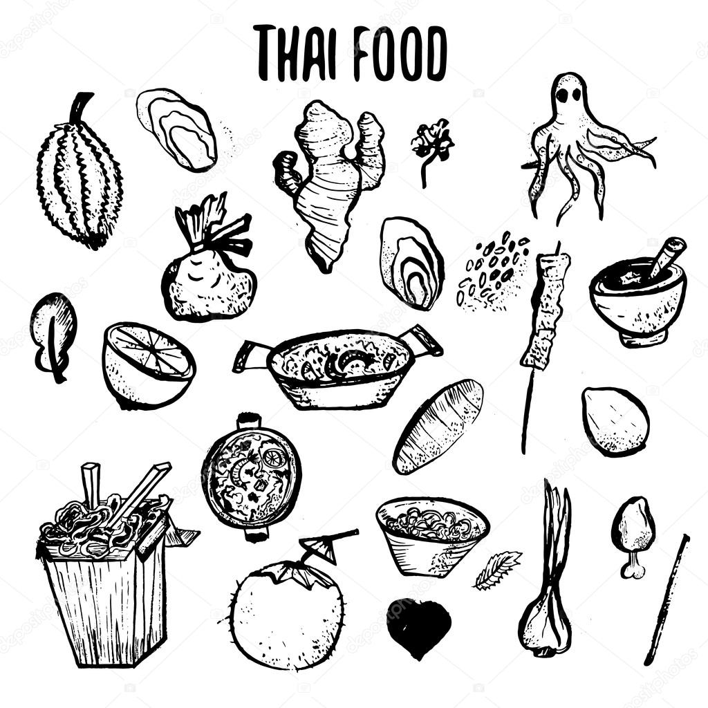 1024x1024 Set Of Thai Food Hand Drawn Rough Doodles. Simple Thai Sketches