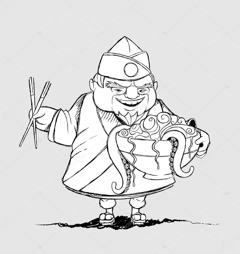 967x1024 Japanese Chef With A Bowl Of Exotic Foods. Freehand Drawing