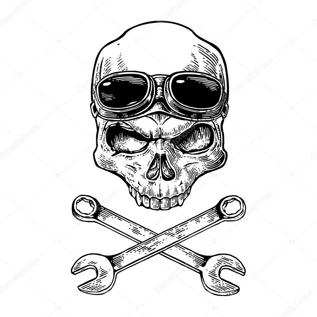 1024x1024 Skull With Glasses For Motorcycle On Forehead And Wrench. Black