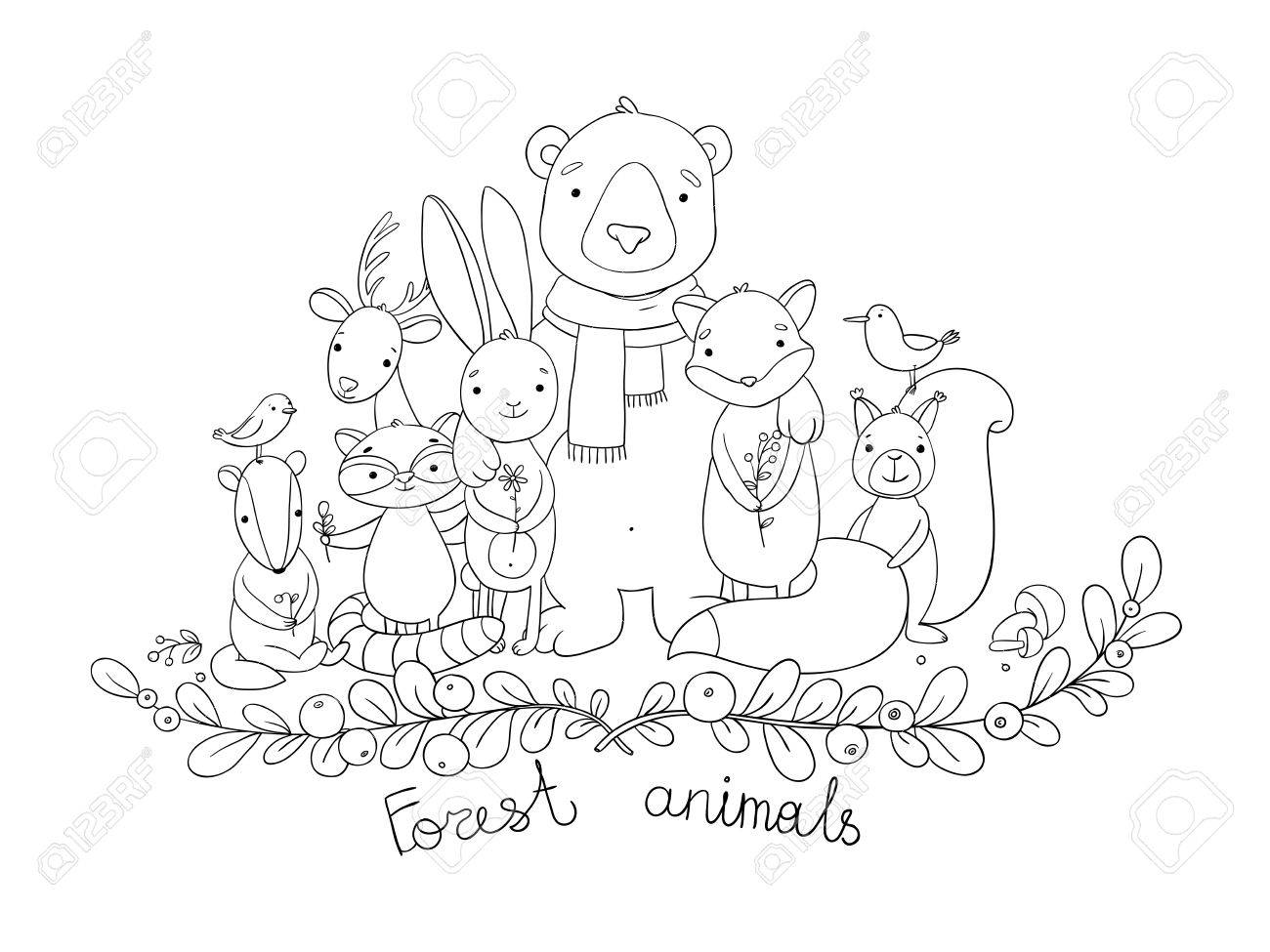 1300x975 Forest Animals. Hand Drawing Isolated Objects On White Background