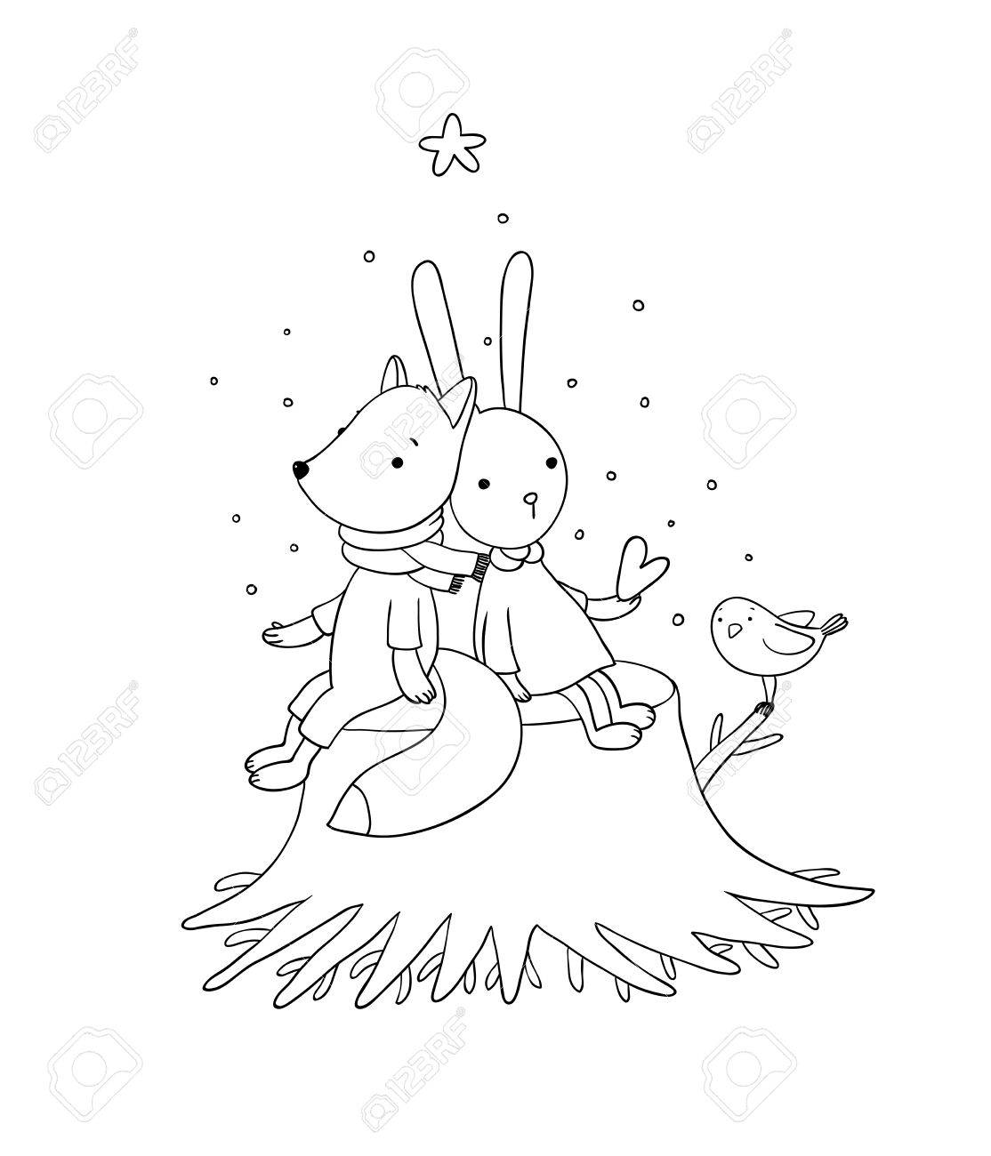 1114x1300 Fox, Rabbit And Bird Sitting On A Tree Stump. Animals