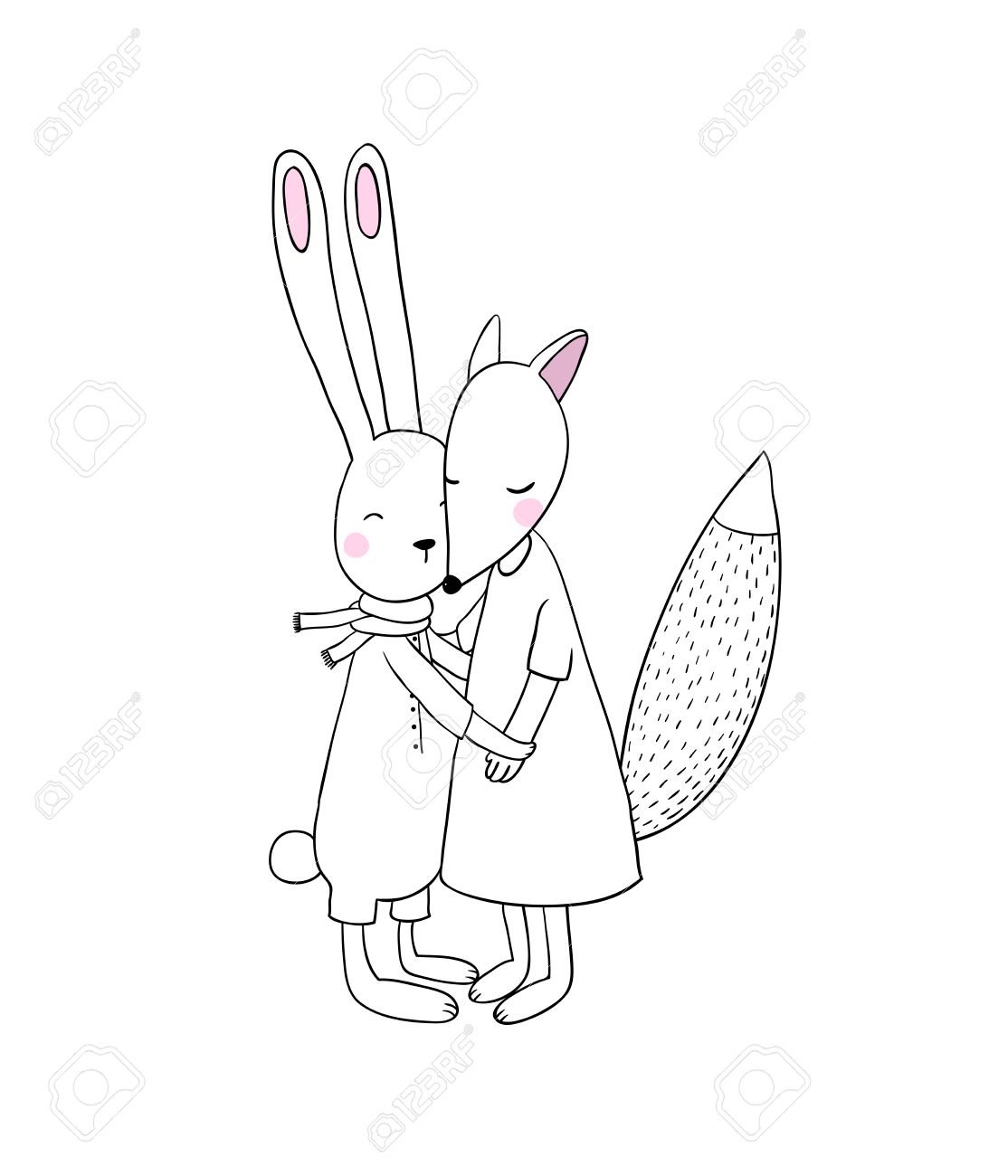 1114x1300 The Fox And The Hare. Animals Of The Forest. Hand Drawing Isolated