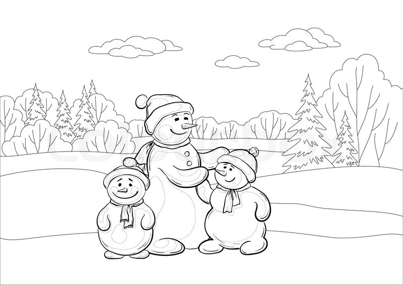 800x566 Christmas Cartoon, Contours Snowmens Mother And Childrens In