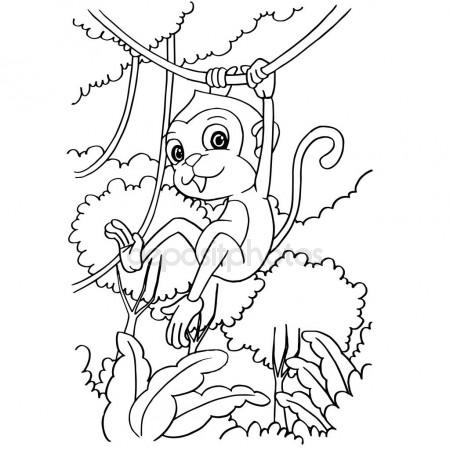 450x450 Cartoon Monkey Playing In The Forest Coloring Page Vector. Stock